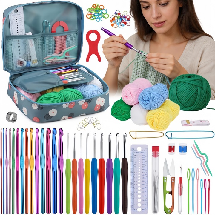 Set de crosetat, EXCITAT®, 107 Piese, crosetat incepatori si avansati, Cu geanta depozitare, crosete diverse dimensiuni, Multicolor