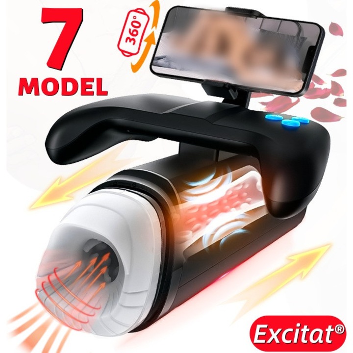 Masturbator Automat Pentru Barbati, Excitat®, 7 moduri diferite, senzatie Deep Throat, cu vibratii si functie de orgasm, efect ultra-realist, Se Potriveste cu Diferite Dimensiuni, Incalzi, cu suport de telefon rotativ la 360 de grade, Rezistent la Apa