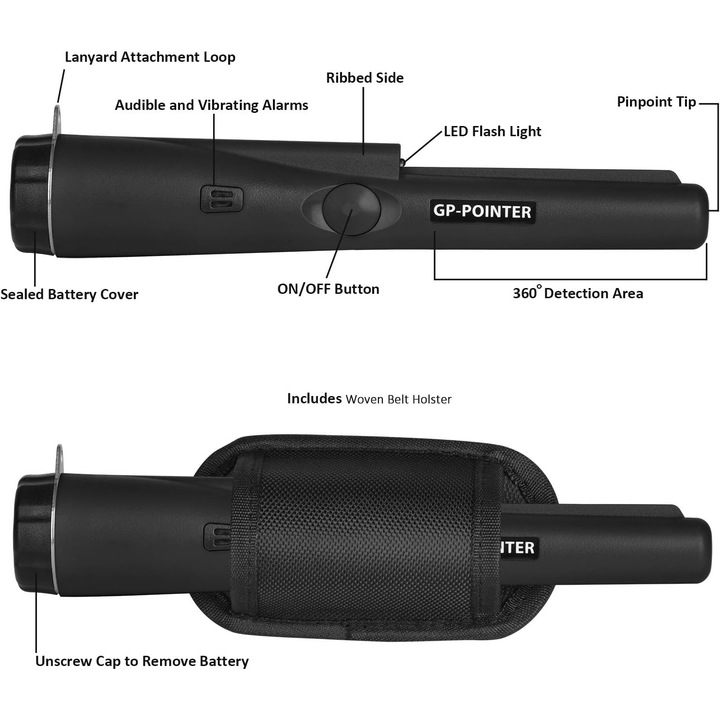 Detector de metale, Excitat®, Dispozitiv de Cautare 360°, Portabil, Ideal pentru Detectarea Monedelor, Cablurilor si Obiectelor Metalice in Pereti sau Sol, Usor de Utilizat, Cu Lanterna Integrata, Vibratie, Negru