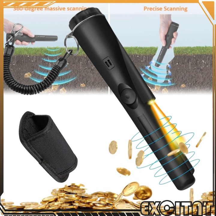 Detector de metale, Excitat®, Dispozitiv de Cautare 360°, Portabil, Ideal pentru Detectarea Monedelor, Cablurilor si Obiectelor Metalice in Pereti sau Sol, Usor de Utilizat, Cu Lanterna Integrata, Vibratie, Negru