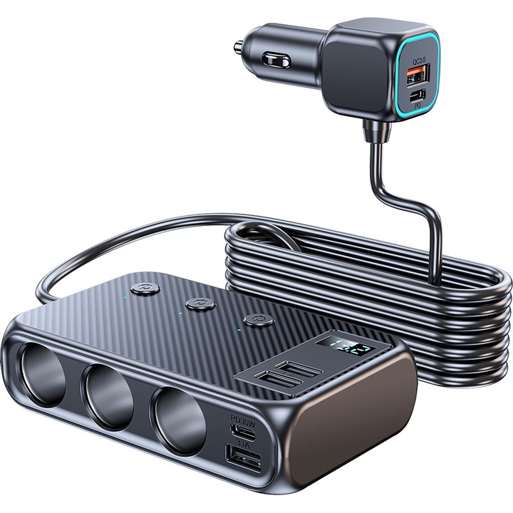 Адаптер за автомобилен щепсел, BYONDSELF®, 3 запалки, 2 PD, 4 USB, 171 W, QC3.0, дисплей за напрежение, 1 м, черен