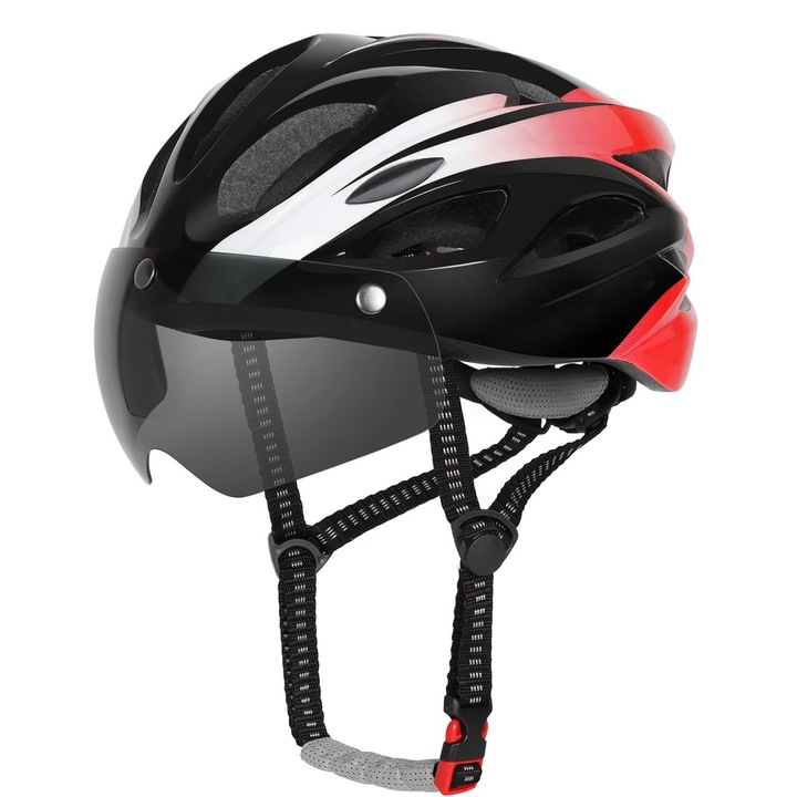 Каска за велосипед, BYONDSELF®, с LED задна светлина, магнитни очила, с 18 вентилационни канала, 58-62CM, черна, за възрастни