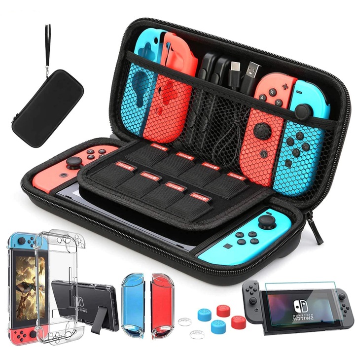 Комплект 17 в 1 Super Kit, Калъф за носене на конзолата Nintendo Switch, 1 x Протектор, Силиконов калъф,Ппрозрачен капак на калъфа, Черен