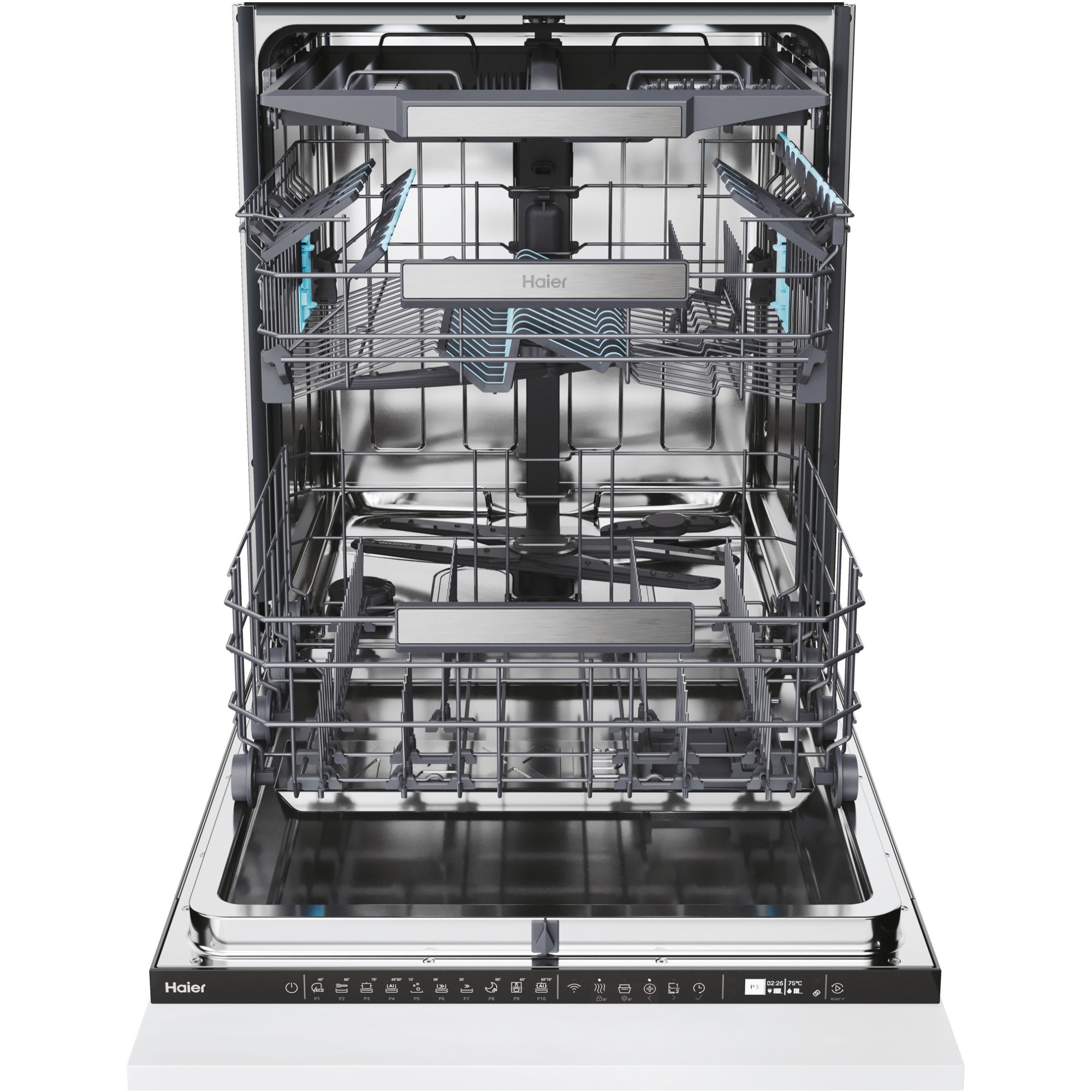 Masina de spalat vase incorporabila Haier I-Pro Shine Series 6 XS 4A4M3PB, 14 seturi, 10 programe, Clasa A, Motor Inverter, Wi-Fi, AI program, H-arm spray, Maxi Tub, Automatic open door, Power Wash, Total Water block, Sliding door, 60 cm