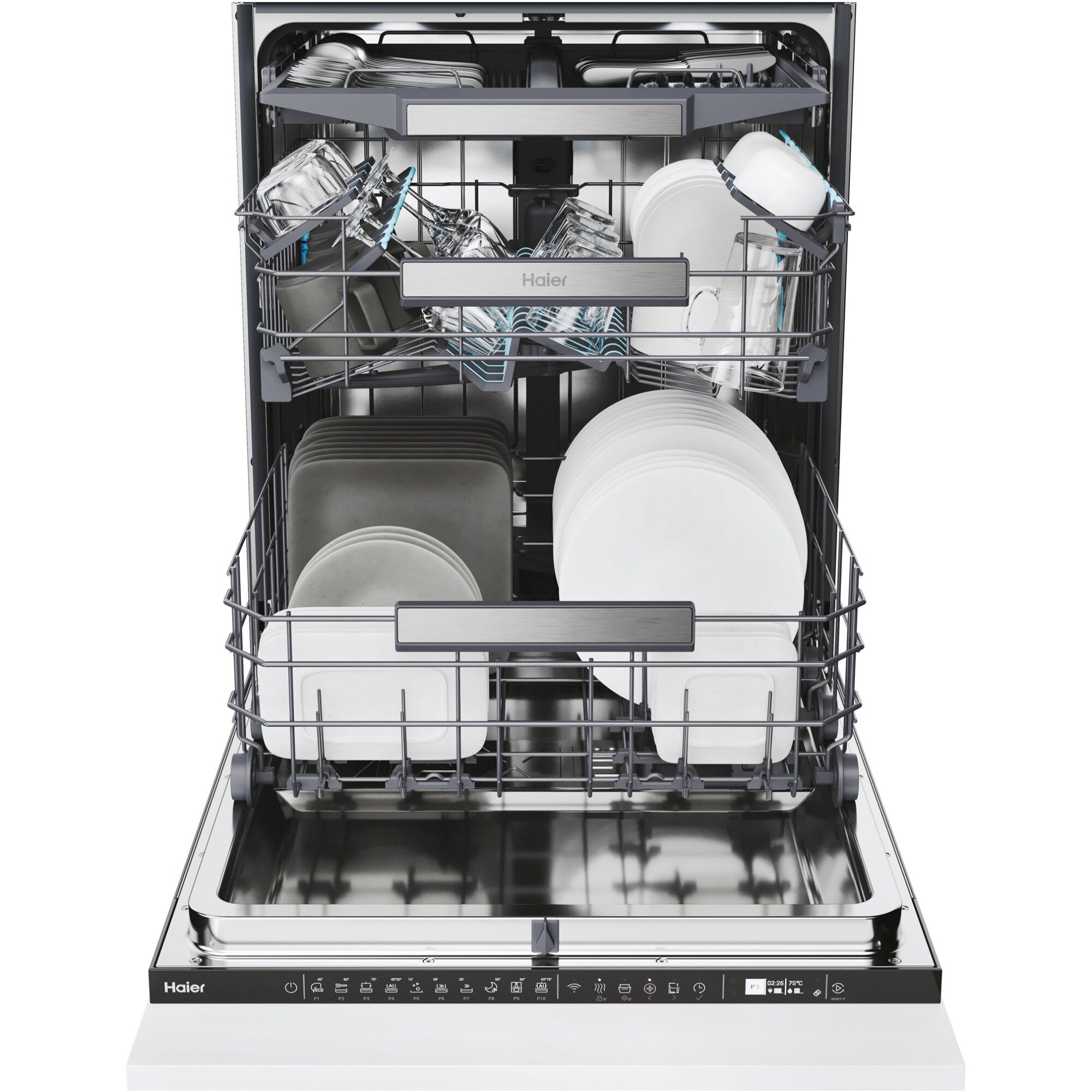 Masina de spalat vase incorporabila Haier I-Pro Shine Series 6 XS 4A4M3PB, 14 seturi, 10 programe, Clasa A, Motor Inverter, Wi-Fi, AI program, H-arm spray, Maxi Tub, Automatic open door, Power Wash, Total Water block, Sliding door, 60 cm