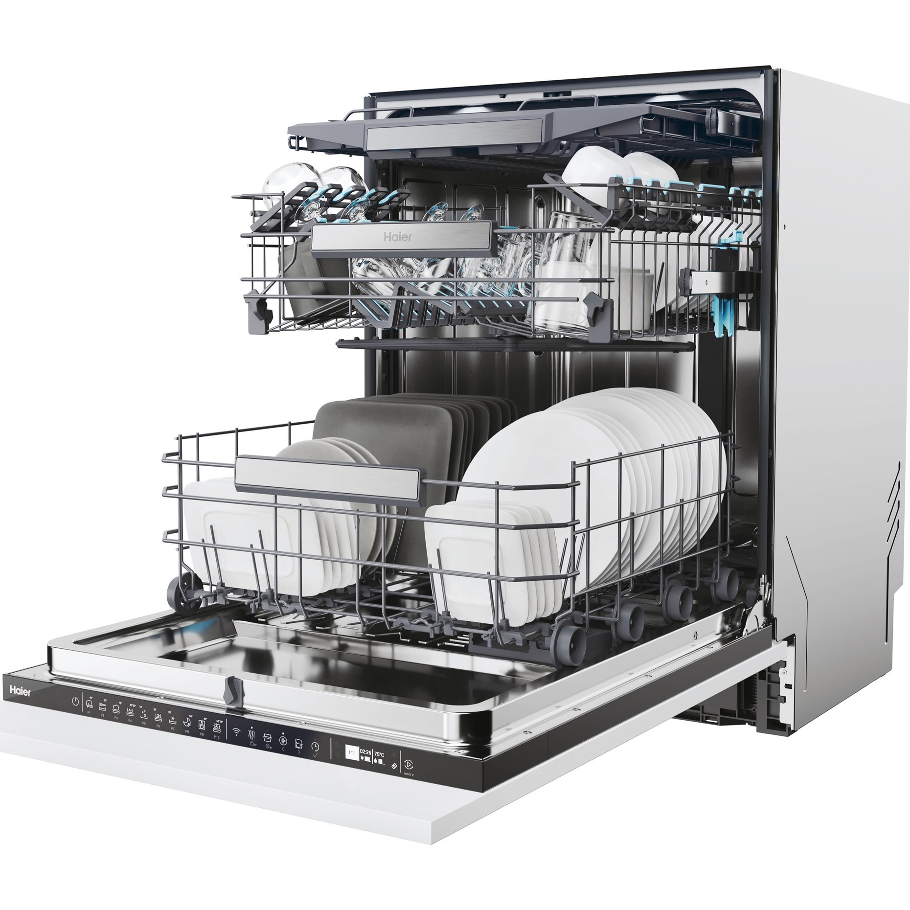 Masina de spalat vase incorporabila Haier I-Pro Shine Series 6 XS 4A4M3PB, 14 seturi, 10 programe, Clasa A, Motor Inverter, Wi-Fi, AI program, H-arm spray, Maxi Tub, Automatic open door, Power Wash, Total Water block, Sliding door, 60 cm