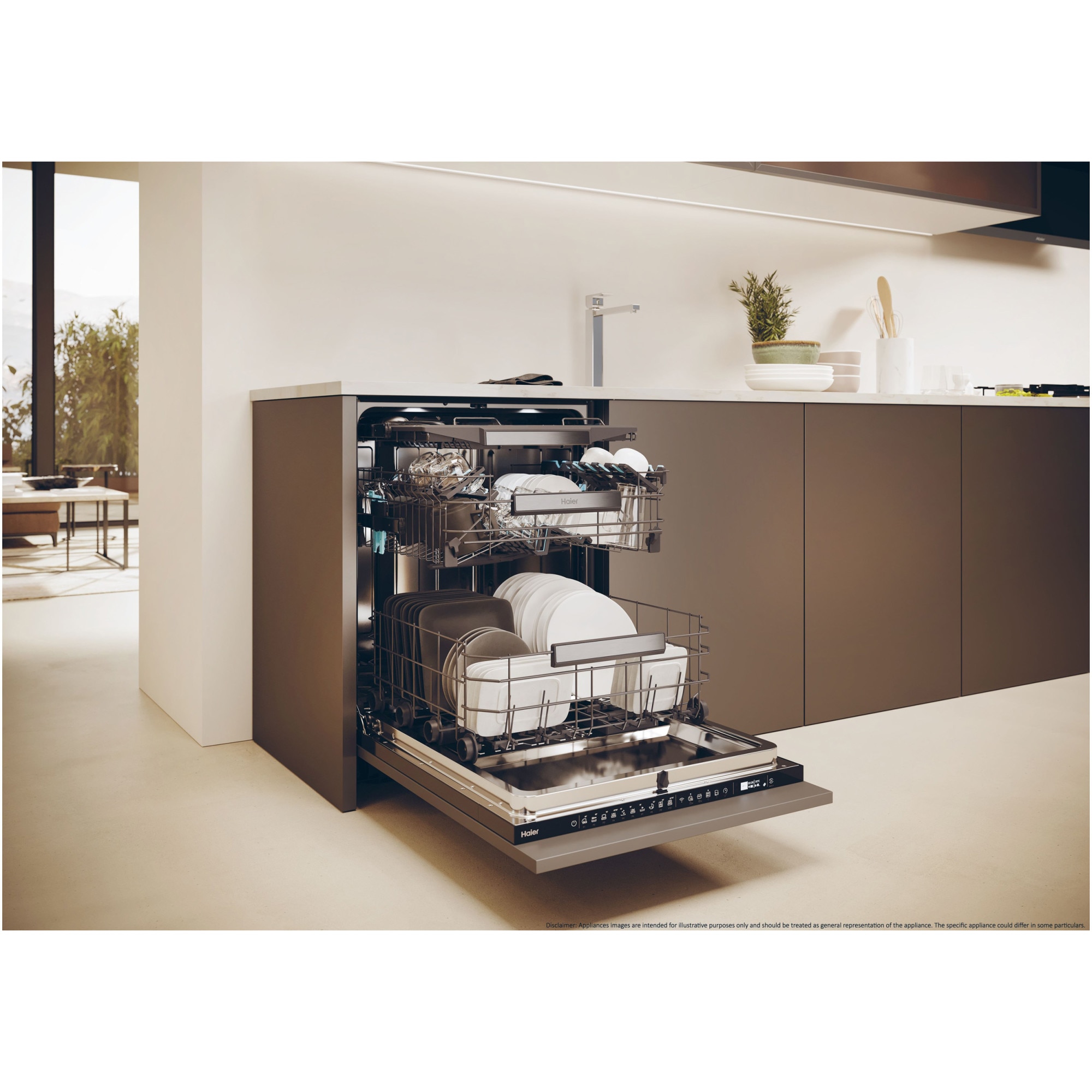 Masina de spalat vase incorporabila Haier I-Pro Shine Series 6 XS 4A4M3PB, 14 seturi, 10 programe, Clasa A, Motor Inverter, Wi-Fi, AI program, H-arm spray, Maxi Tub, Automatic open door, Power Wash, Total Water block, Sliding door, 60 cm