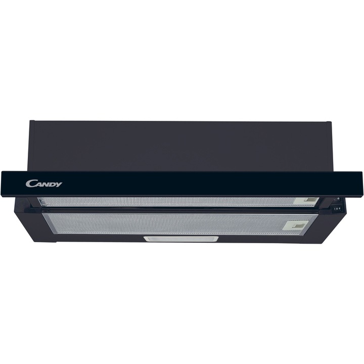 Hota telescopica incorporabila Candy CBT60RBG, Putere de absorbtie 402 mc/h, 2 Viteze, LED, 60 cm, Sticla neagra