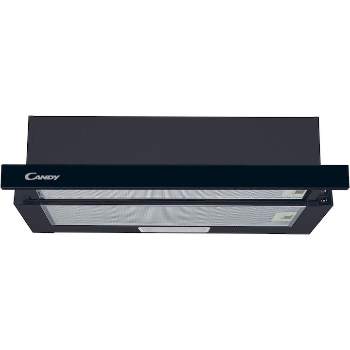 Hota telescopica incorporabila Candy CBT60RBG, Putere de absorbtie 402 mc/h, 2 Viteze, LED, 60 cm, Sticla neagra
