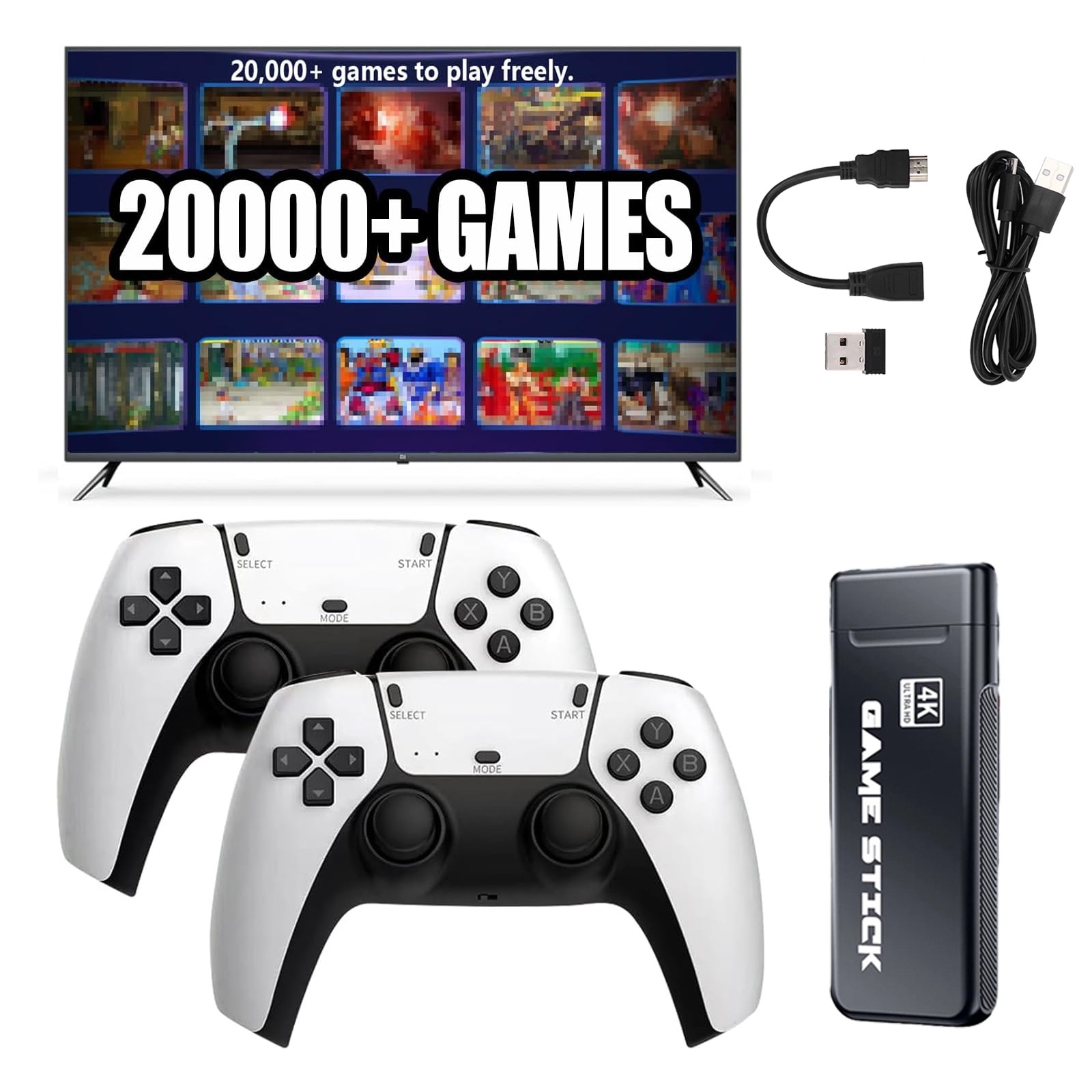 Consola jocuri tip stick, NUODWELL, Suport 2 jucatori, cu 2 controlere de joc, Iesire HDMI de inalta definitie, 20000 de jocuri incorporate, Operare usoara si de transportat, Perfect pentru copii si adulti, ABS, Alb