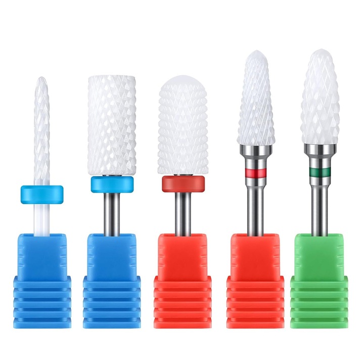 Set 5 buc capete freza unghii, Hggzeg, Universale, Forme diverse, Portabila, Pentru manichiura si pedichiura profesionala, Curatarea cuticulelor, Usor de depozitat, Rezistenta indelungata, Din ceramica, 2.35 mm - standard, Multicolor