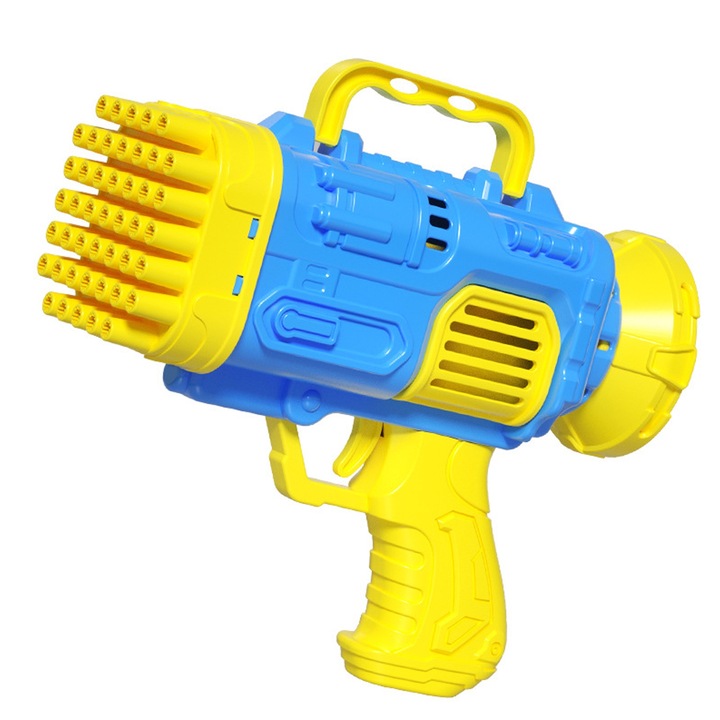 Пистолет за сапунен балон, Hggzeg, 45 дупки, С резервоар за разтвор, Милиони балони, Лятна играчка за дейности на открито, Стимулира въображението на детето, Антистрес, Развива зрителния усет, 19,8x7,6x16,8 см, Син/Жълт