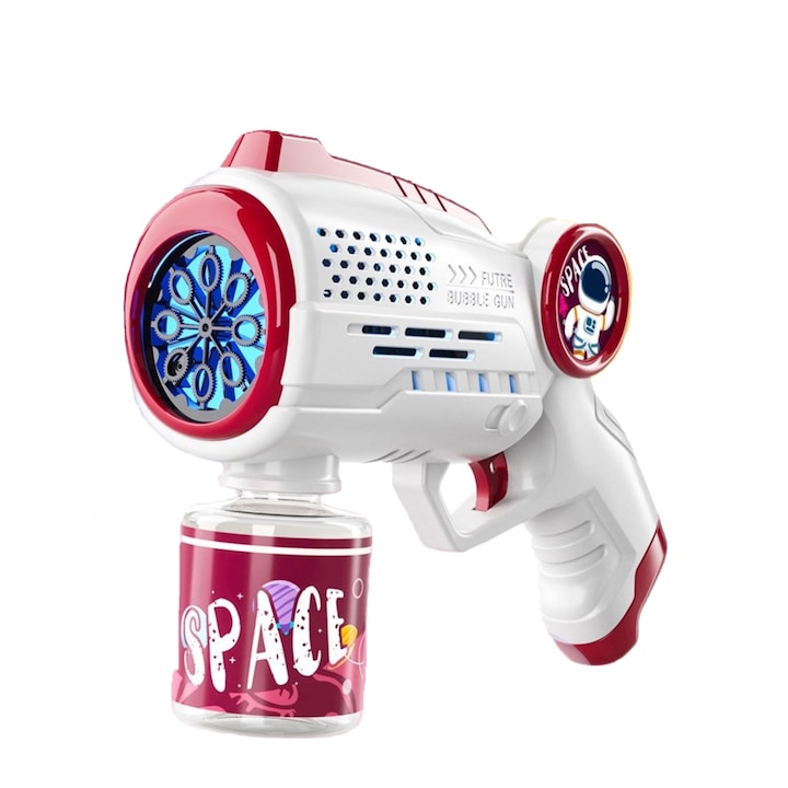 Pistol pentru baloane de sapun cu rezervor pentru solutie, Hggzeg, Lumini Interactive, Milioane de baloane, Tip bazooka, Jucarie interactiva de vara pentru activitati in aer liber, Stimuleaza imaginatia copilului, Pentru fete si baieti, + 3 ani, Roz