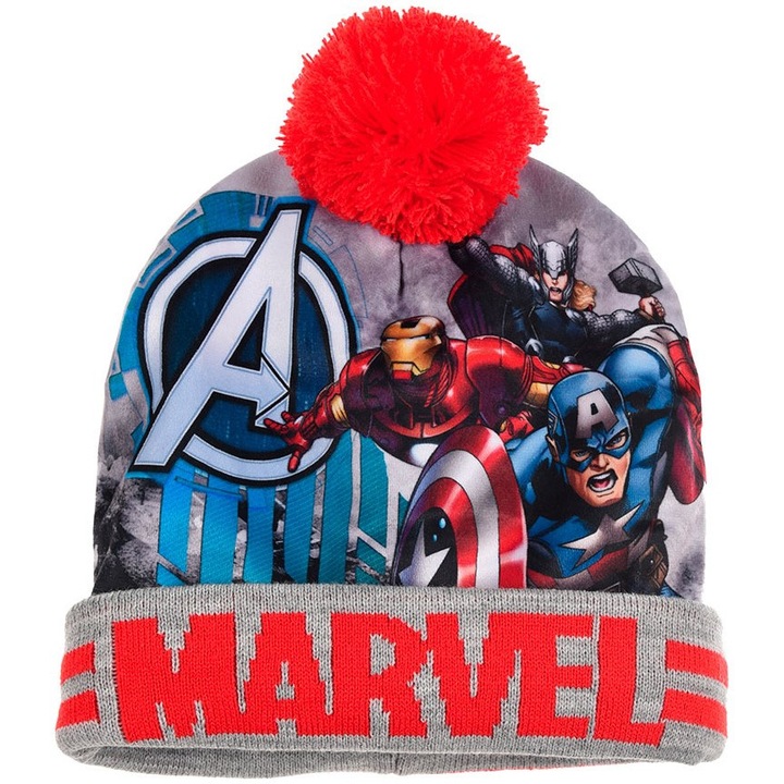 Palarie calda pentru un baiat Marvel, Avengers, acril/ poliester, Rosu/Gri/Multicolor