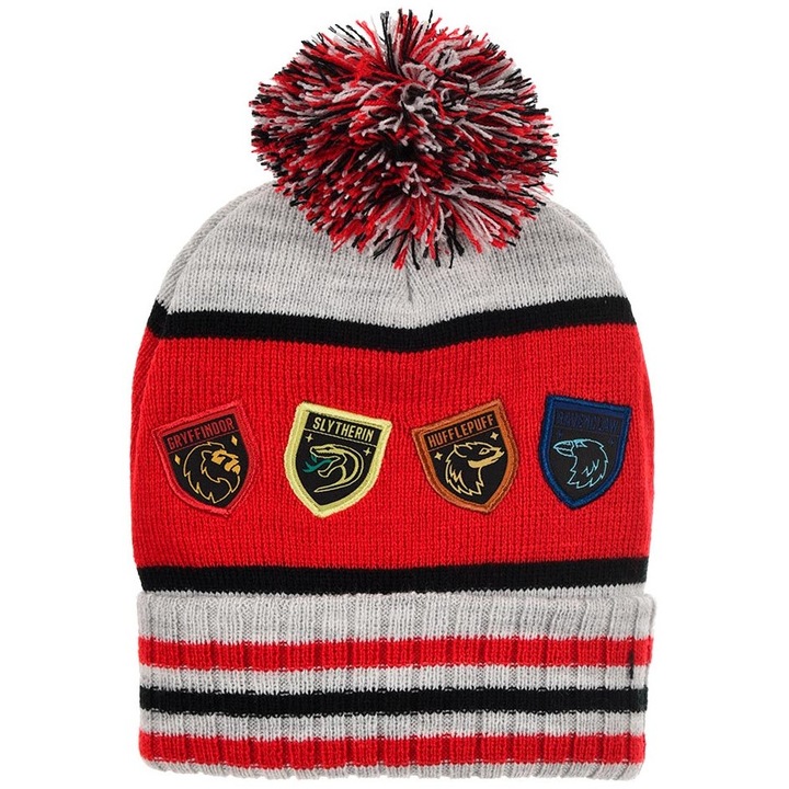 Caciula de iarna Harry Potter pentru baieti cu pompon colorat, poliester, elastan, marime 54 cm