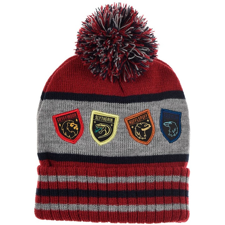 Caciula Harry Potter, pompon, multicolor, Gri inchis