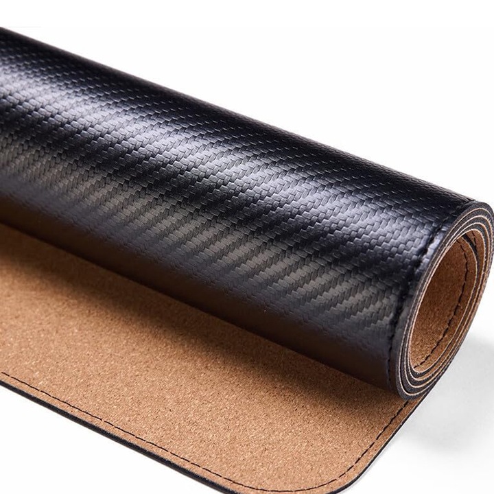 Геймърска подложка за мишка, водоустойчива, екологична кожа и велур, за защита на офиса, екологична кожа от въглеродни влакна, черно/сиво - 80 x 40 cm