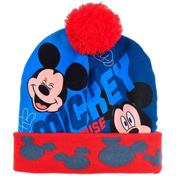Disney Mickey Mouse sapka fiúknak, piros, 54 cm, pomponnal és meleg anyaggal