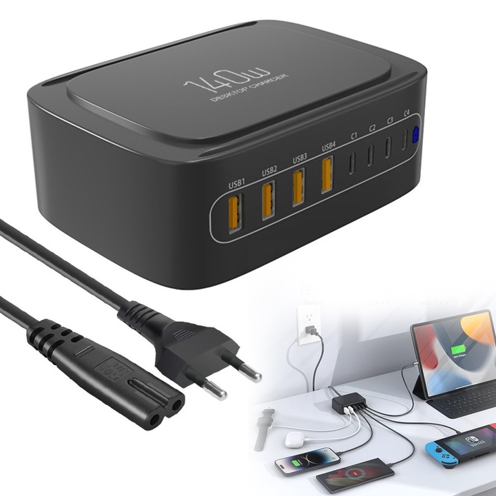 Statie de incarcare 140W 8 in 1, Latauar, 2xUSB-C 65W, 2xUSB-C 45W, 2xUSB 18W, 2xUSB 15W, compatibil cu Iphone, Samsung, Xiaomi, laptop, tableta si orice dispozitiv cu incarcare USB, negru