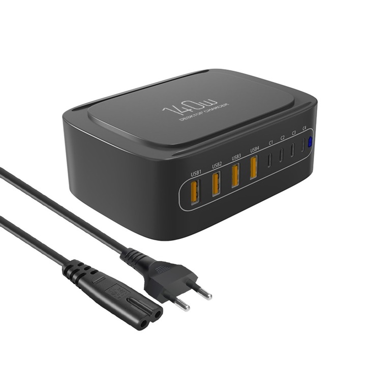 Зарядна станция 140W 8 в 1, Latauar, 2xUSB-C 65W, 2xUSB-C 45W, 2xUSB 18W, 2xUSB 15W, съвместима с Iphone, Samsung, Xiaomi, лаптоп, таблет и всяко устройство с USB зареждане, черна