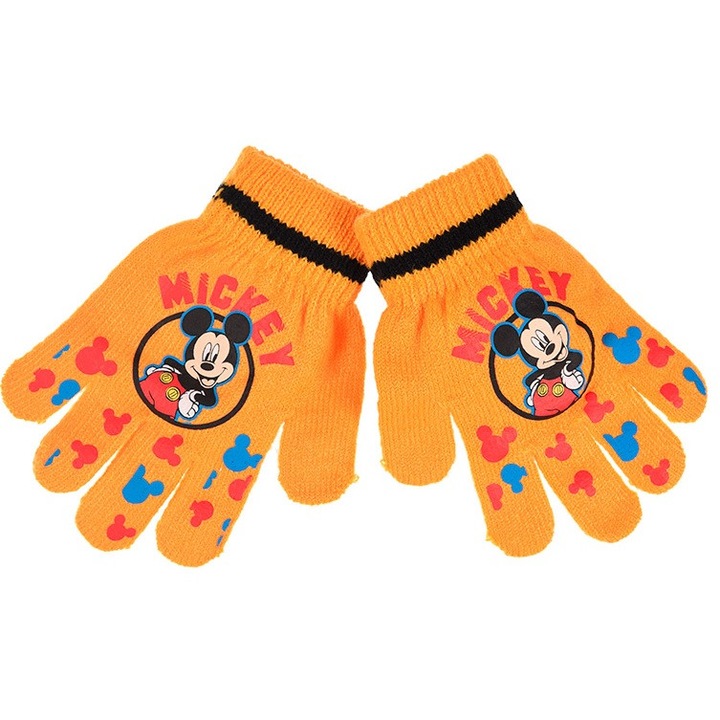 Manusi galbene pentru baieti, Disney, Mickey Mouse, fibra acrilica, poliester, elastan, dimensiune 15x8 cm