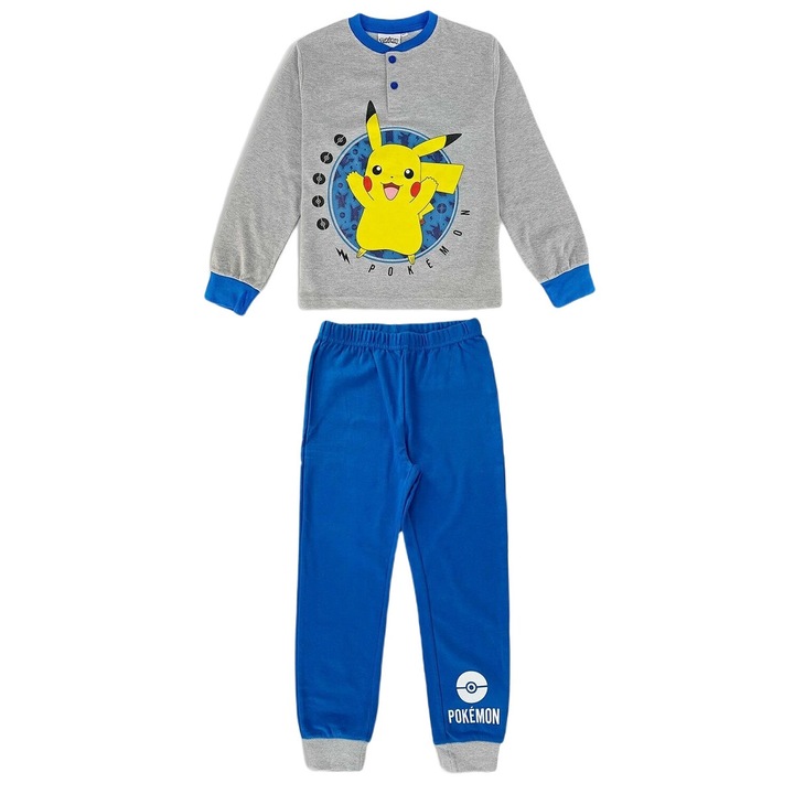 Gyerek pizsama, blúz és nadrág szett, Pikachu, szürke kékkel, 116-os, pamut/poliészter, Szürke/Kék, 140 CM