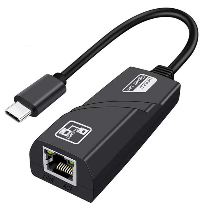 Placa de retea USB Type C la LAN RJ45 10/100/1000 Mbps Gigabit Ethernet, negru