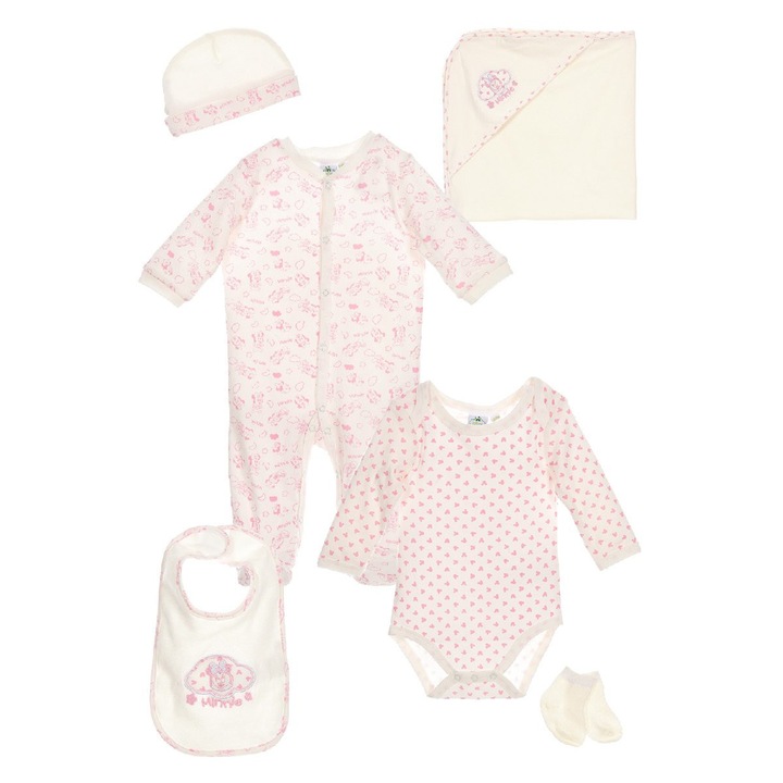 Set haine pentru bebelusi, Minnie Mouse, bumbac, alb-roz, 6 piese, 60x67cm
