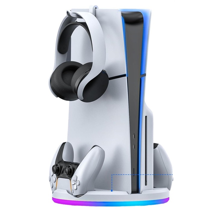 PS5 Тънка стойка за зареждане, LYCENXI, двойно зарядно устройство, RGB, бяла