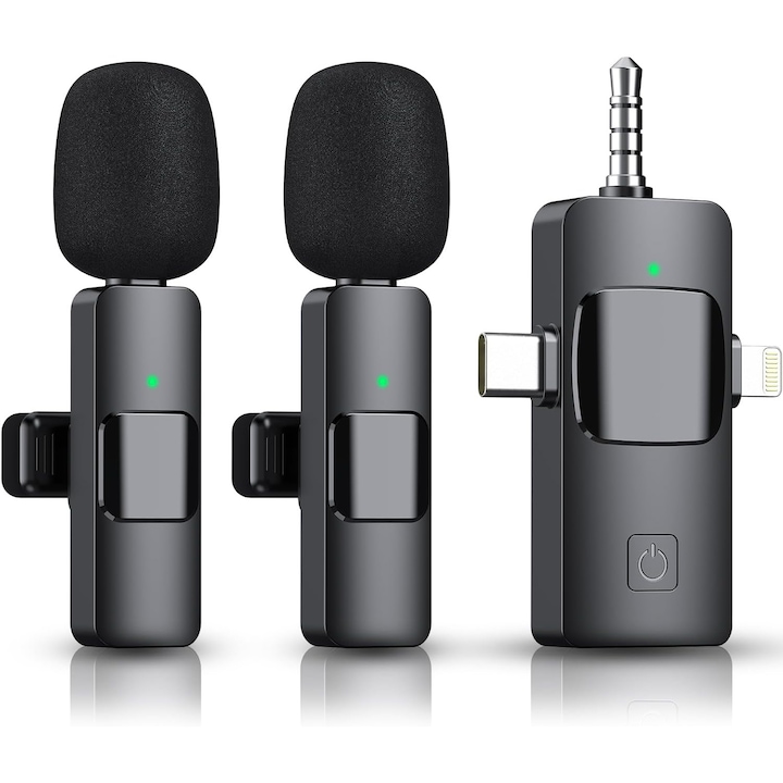Комплект от 2 микрофона, GOSTOCK, безжичен, петличен тип 3 в 1, USB C, 3,5 мм жак, светкавица, намаляване на шума за видеозапис на открито, съвместим с iPhone/Type-C/камера/лаптоп, черен гланц