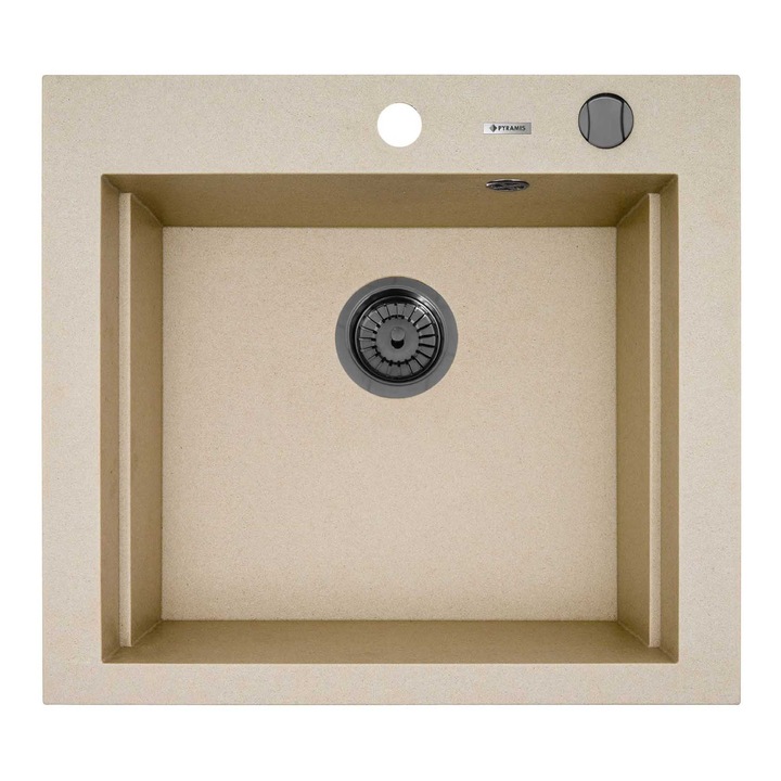 Chiuveta granit Pyramis SIROS, dimensiune 570x515mm, adancime 200mm, 3 variante de montare, cuva in 2 trepte, valva automata PVD gun metal, finisaj pyragranite bej