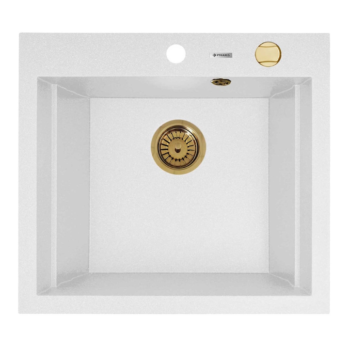 Chiuveta granit Pyramis SIROS, dimensiune 570x515mm, adancime 200mm, 3 variante de montare, cuva in 2 trepte, valva automata PVD gold, finisaj pyragranite alb