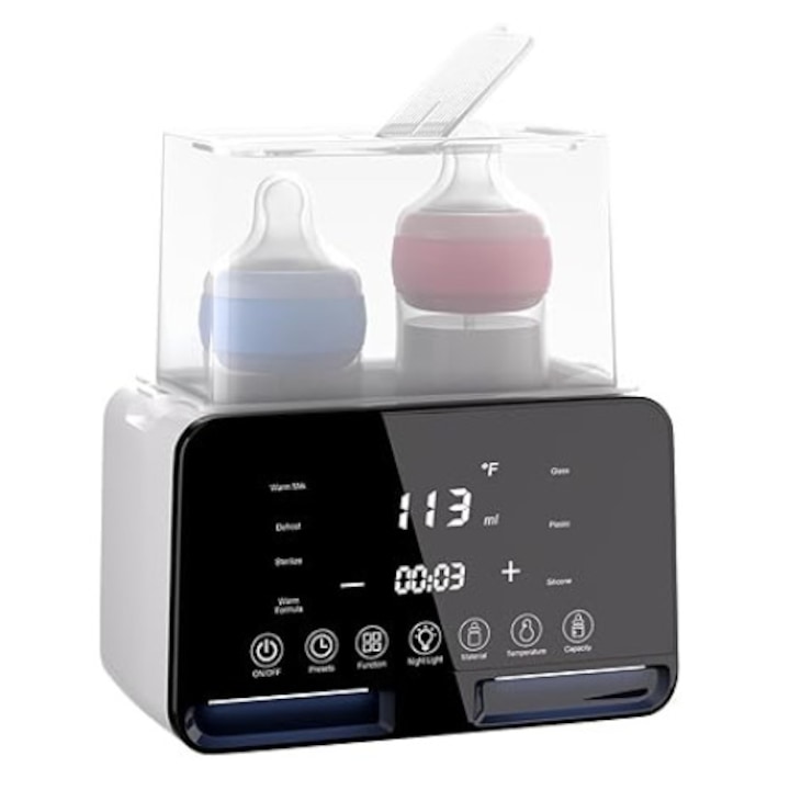 Incalzitor Biberoane, Sterilizator Multifunctional 9 in 1, Incalzire Rapida 2 Biberoane, Dezghetare, Preparare Lapte, Fierbere oua, Temperatura constanta 48H, Fara BPA, Afisaj LED, temporizator, Alb
