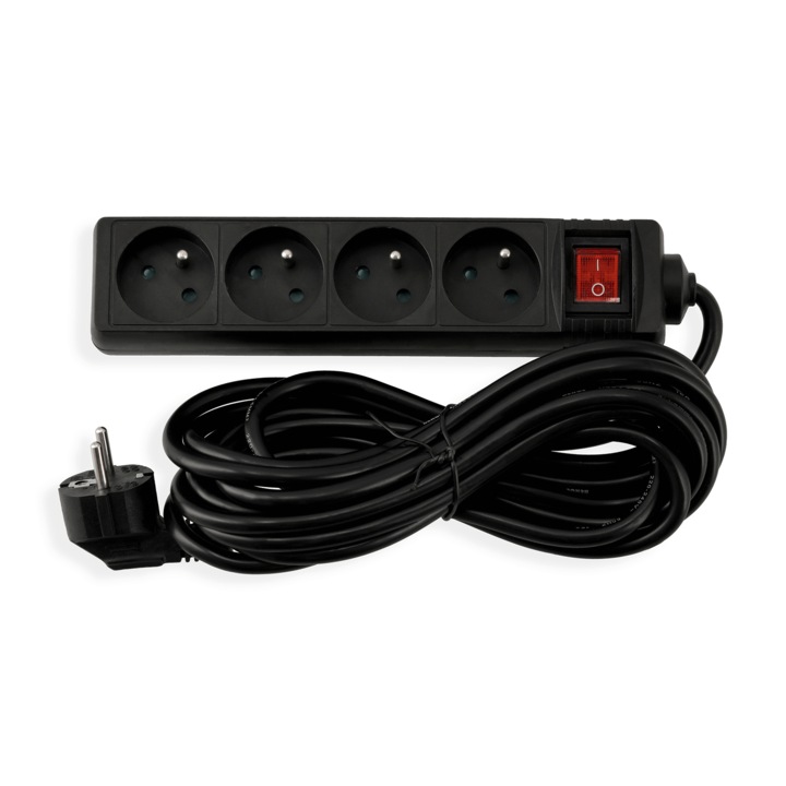 Удължителен кабел с превключвател 5м, 4 x 230V контакт, черен