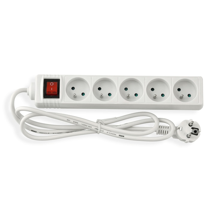 Удължителен кабел с ключ 1,5 m, 5 x 230 V контакт, бял