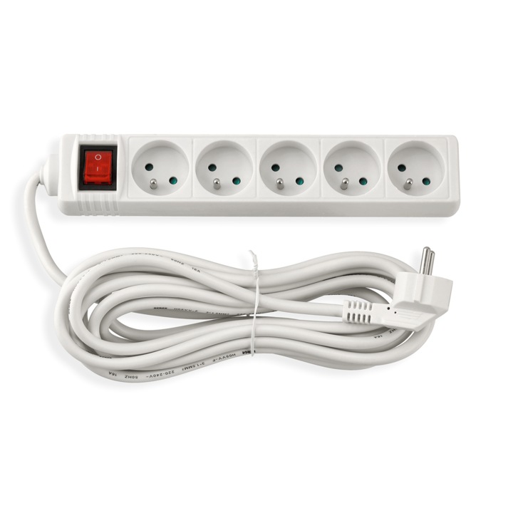 Удължител с ключ 5м, 5 x 230V контакт, бял