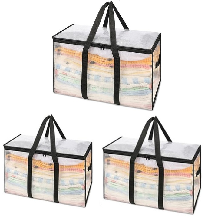 Set 3 cutii de depozitare pliabile, WALALLA, cu manere rezistente, fermoare, impermeabile, translucide, pentru organizare dormitoare, dulapuri, haine, lenjerie de pat, 73×42×34cm