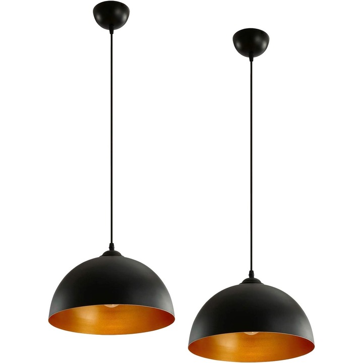 Set de 2 lampi suspendate, led, E27, design industrial vintage, negru/auriu, Jago