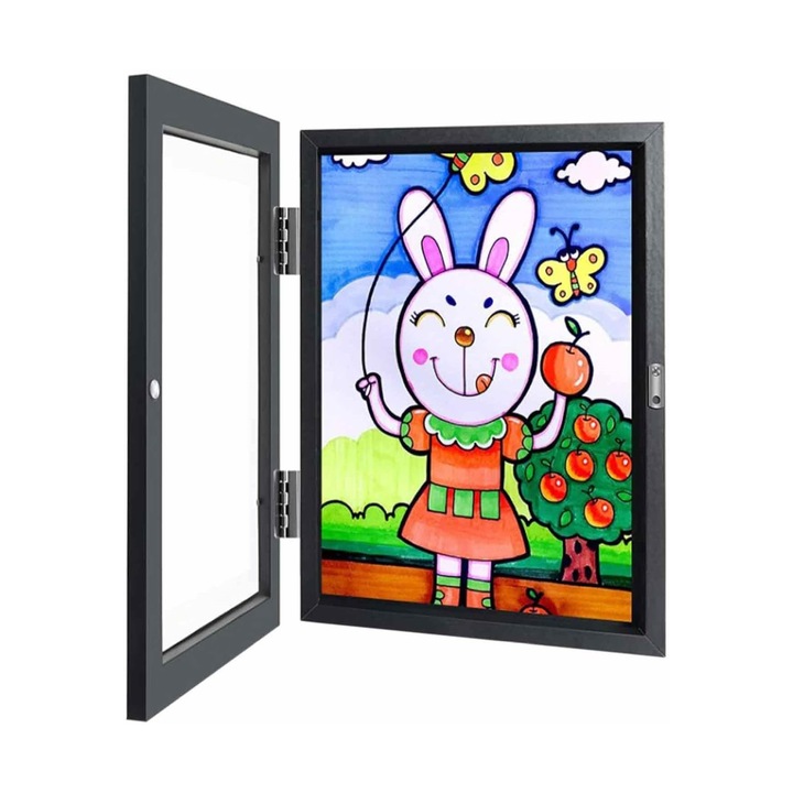 Gyermekkeret, rajz- és festménytárolóval, Fa, A4, Falra rögzíthető, Mágneses záródás, Tárolóhely rajzoknak, Fekete, 25 x 33 cm