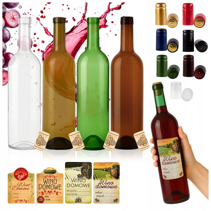 Set De Sticle Pentru Vin Cu Dopuri Si Capsule, Superbutelki, De Sticla, 750 ml, Idee De Cadou, Dopuri Aglomerate, Capsule Termocontractibile, 31 x 7.5 cm, Multicolore, 40 Buc