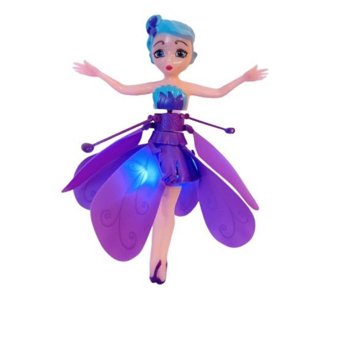 Jucarie interactiva zana zburatoare cu led, incarcare USB, din plastic, culoare mov