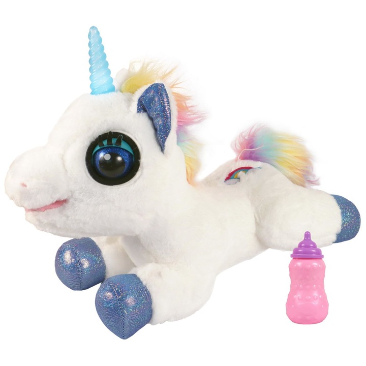 Jucarie Unicorn interactiv din plus, clipeste si canta in engleza, model alb, multicolor