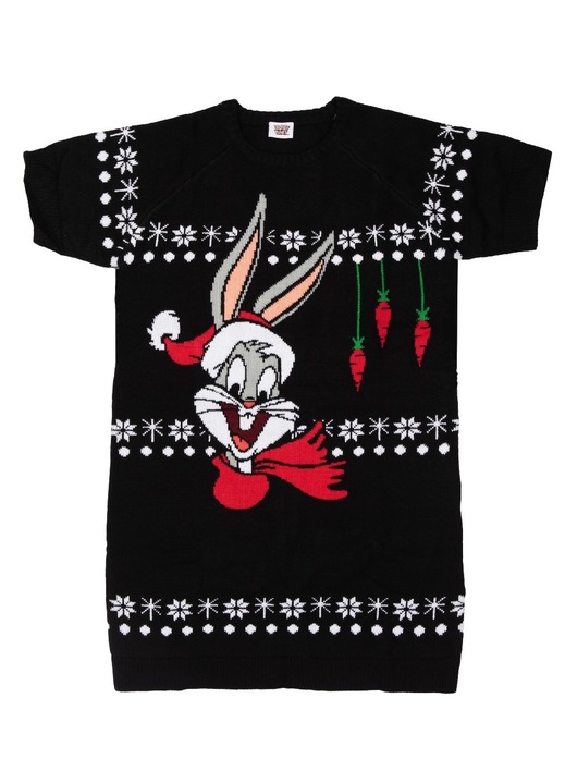 Rochie pulover Looney Tunes, Bugs Bunny, neagra, material acril, motiv de Craciun, S INTL