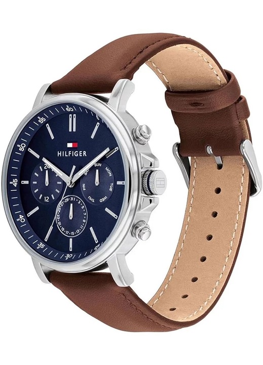 Ceas barbati, Tommy Hilfiger, Inox/Piele, 50m rezistent la apa, Maro/Argintiu