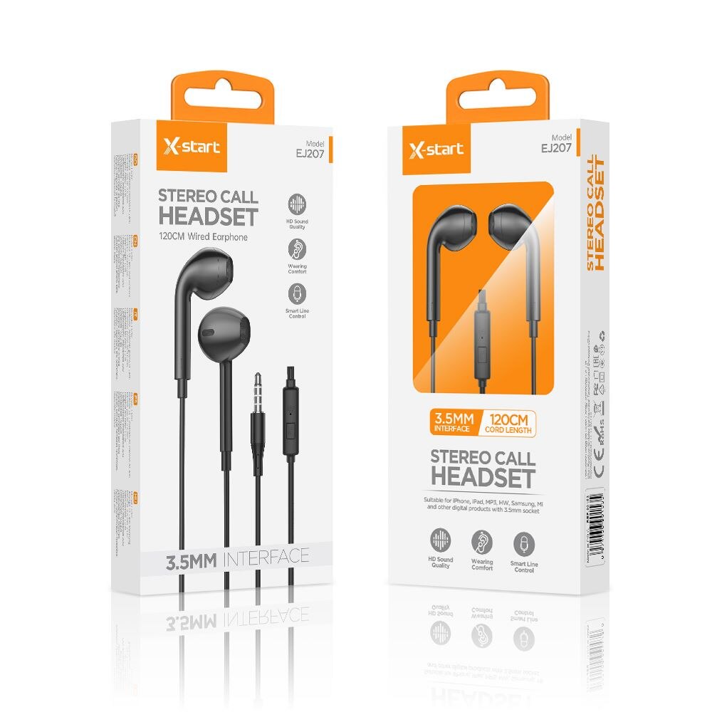 Casti cu microfon X-Start Daden EJ207, Control pe fir, Cablu 120 cm, Conector jack 3.5mm, Negru