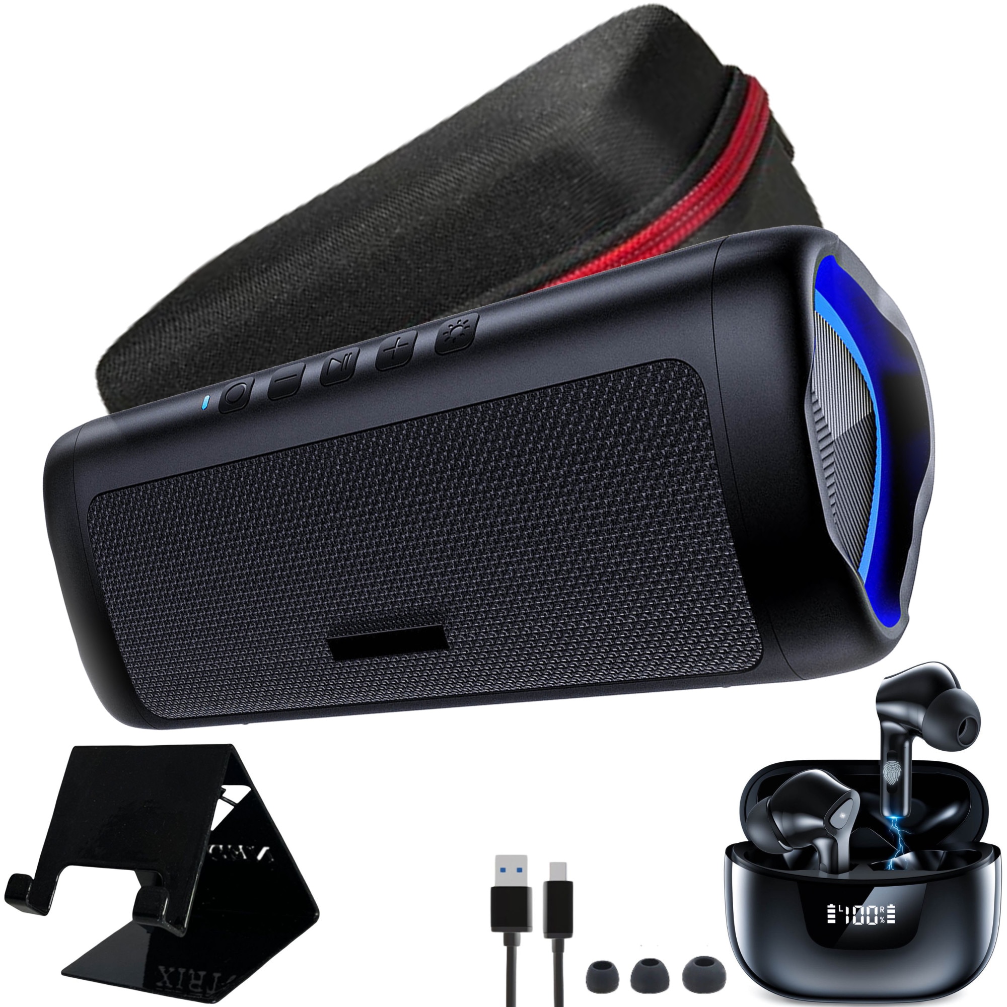 Boxa Portabila NEDTRIX™, Bluetooth 5.3, 10W, Super Bass HD, Waterproof  IPX5, Baterie Reincarcabila, Autonomie 24h, Geanta Transport, Suport Telefon/Tableta  si Casti Wireless cu Active Noise Cancelling incluse - eMAG.ro