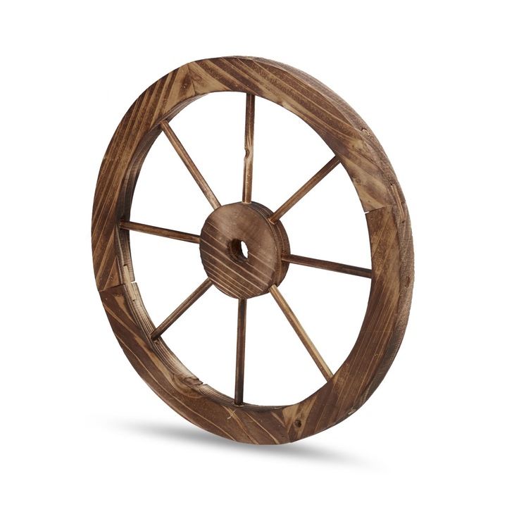 Roata decorativa din lemn, aspect vintage, pentru interior sau exterior, maro, Ø 40 cm