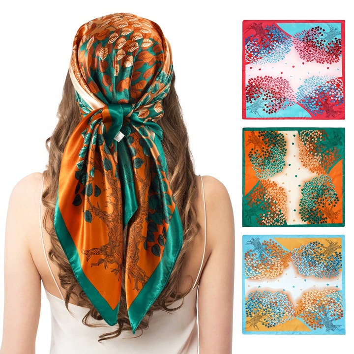 Set 3 Bandane dama, Multifunctional, imprimata arborele vietii, AllizBan, 90x90cm, poliester, Multicolor