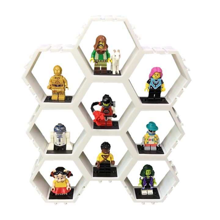 Suport Modular Hexagonal pentru figurine LEGO, 9 camere, Plastic, Alb