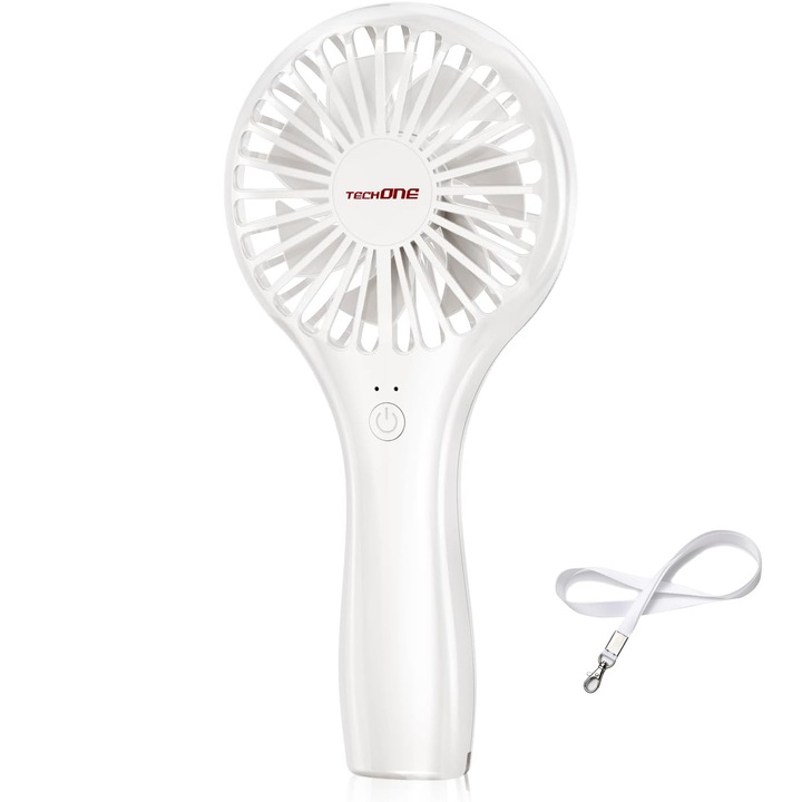Techone® Eazy Breezy hordozható mini ventilátor, 2 sebesség, USB Type C, 1200 mAh, teljesítmény 3 W, kefe nélküli motor, függő kábel, fehér